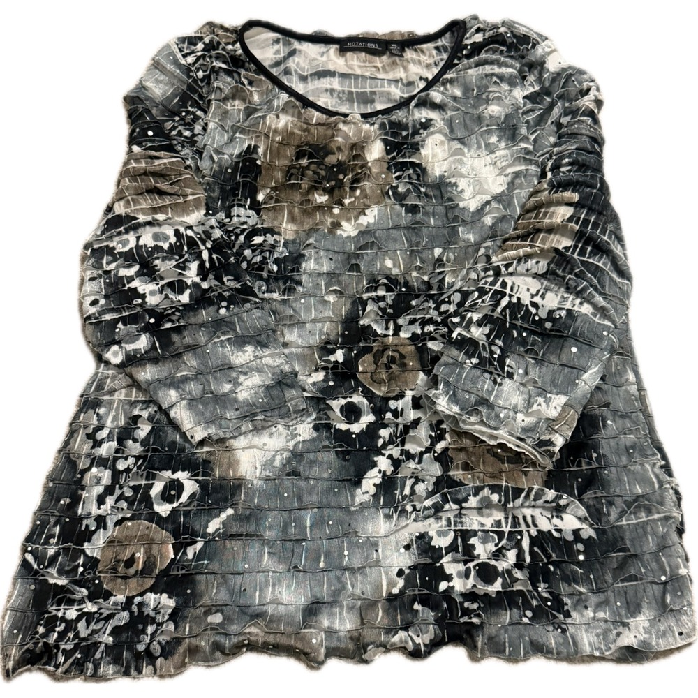 Notations Floral Ruffle Top Womens XL Gray Black Sequin 3/4 Sleeve Excellent